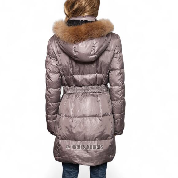 313 Tre Uno Tre Duck Down Puffer Belted Fur Hood Long Winter Coat Gray Size L - Picture 6 of 13